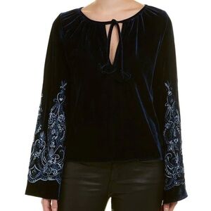 Anthropologie MISA Velvet Bell Sleeve Blouse Blue Embroidered Boho Top Tassels